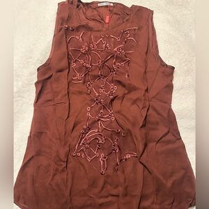 Embroidered Sleeveless Brown Top
